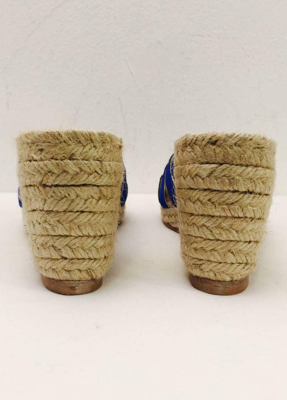 Stubbs & Wootton Royal Blue Grosgrain Ribbon and Rope Wedges In Excellent Condition In Palm Beach, FL
