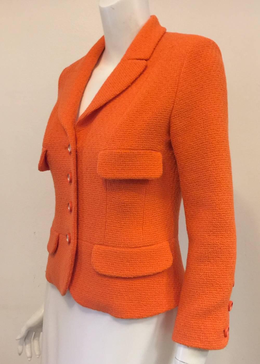 Women's Chanel Boutique Mandarin Orange Wool Blend Jacket W Mirrored Logo Buttons 