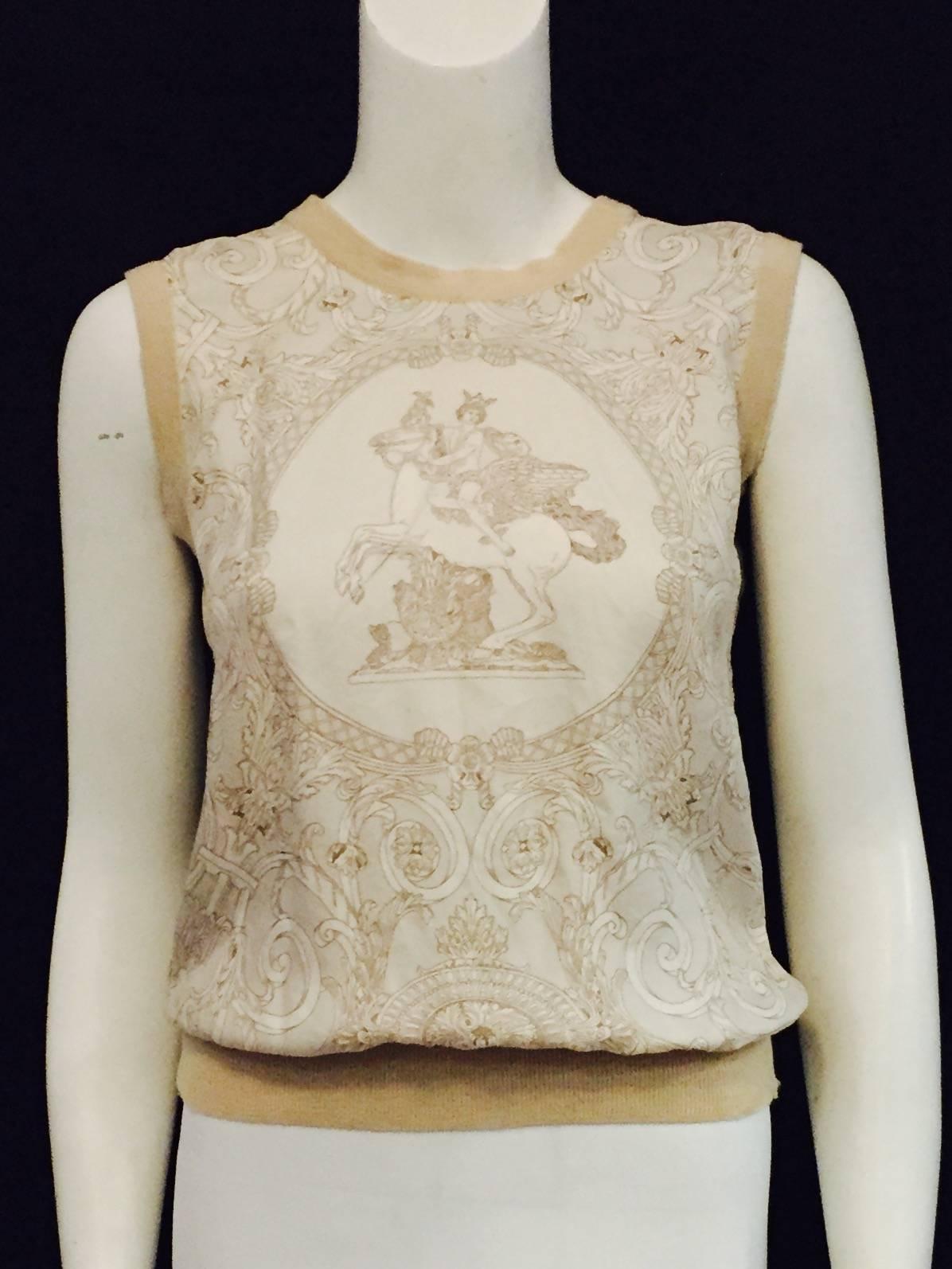 Beige Hermès Tan Silk Hermès on Pegasus Print Sleeveless Top With Banded Trim  For Sale