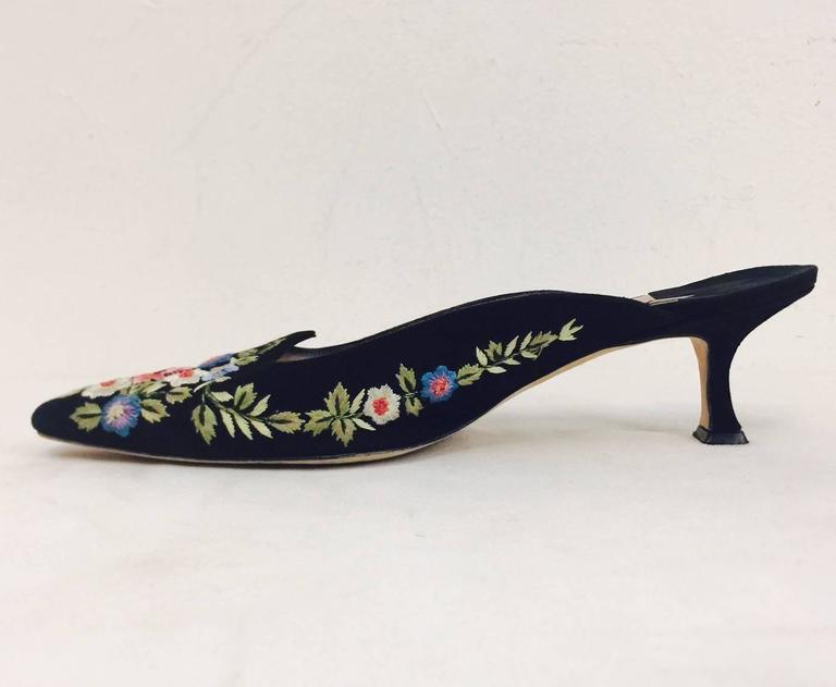 Manolo Blahnik Floral Embroidered Black Suede Mule at