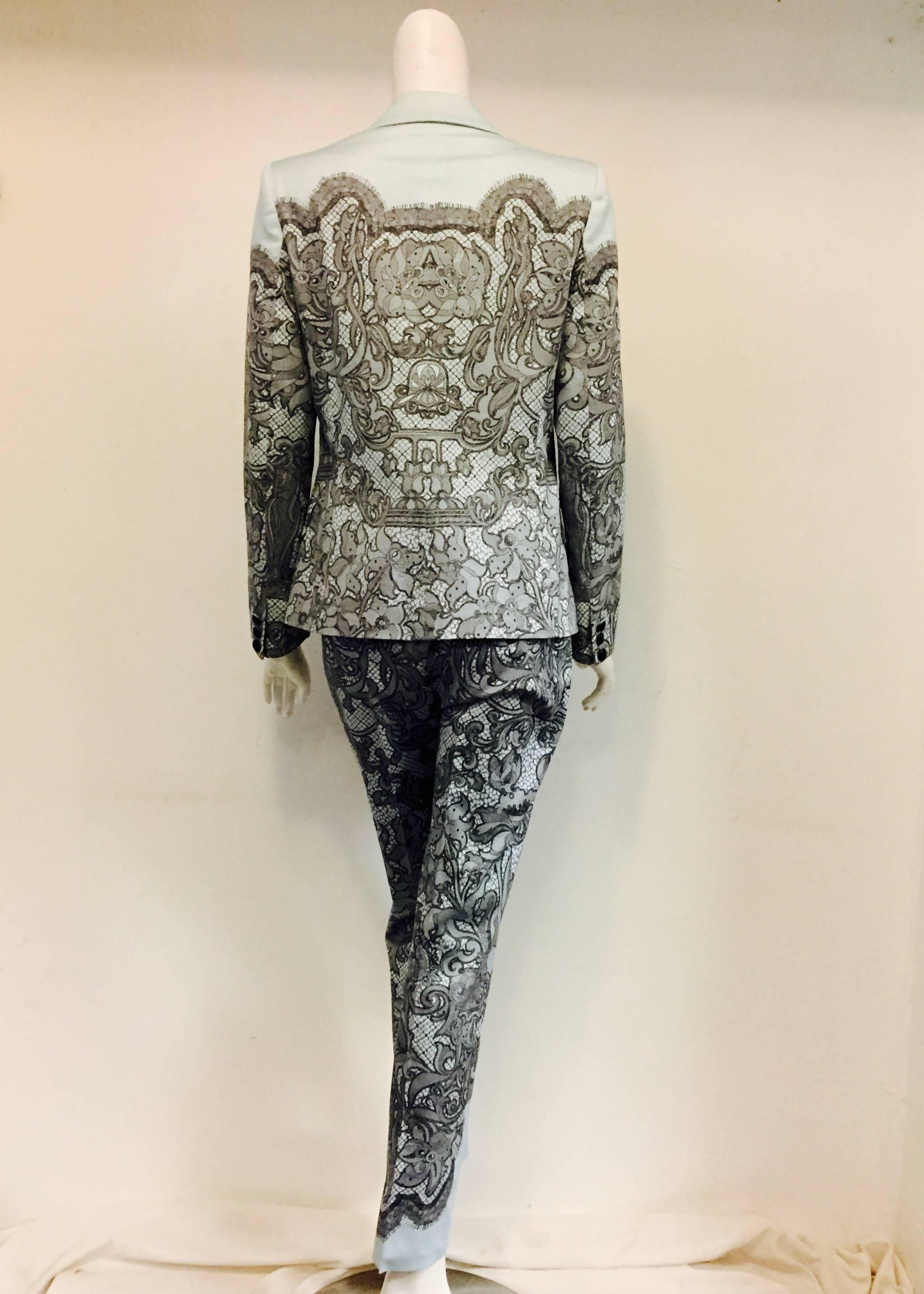 Gray Emilio Pucci 2 Piece Pant Suit In Light Blue Background With Black Lace Print