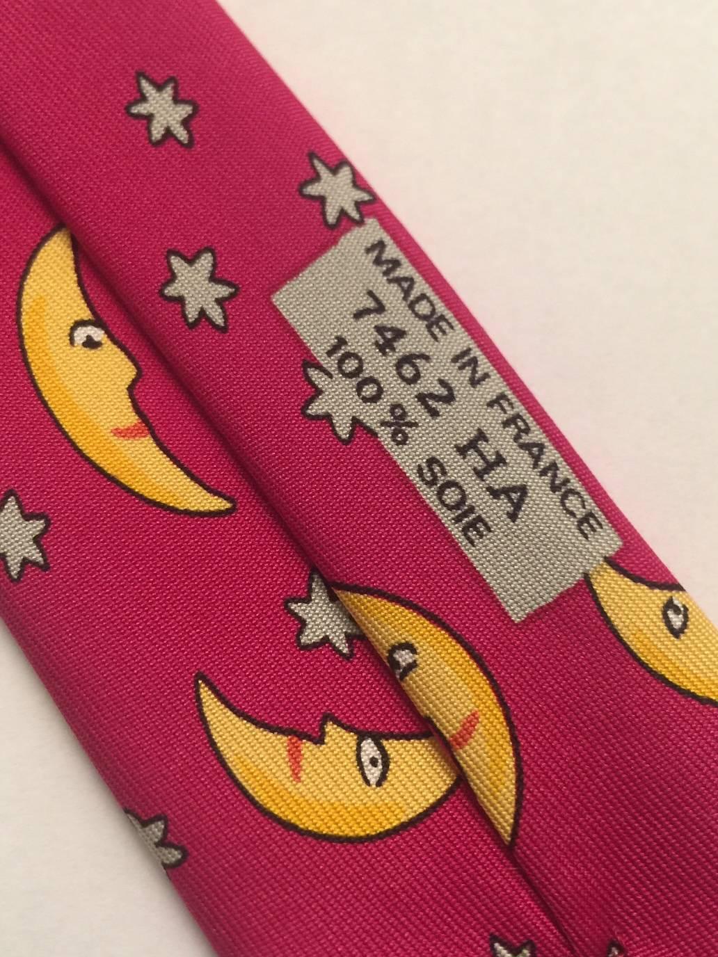 Red Hermes 1980s Vintage Neck Tie Featuring Crescent Moon and Stars 