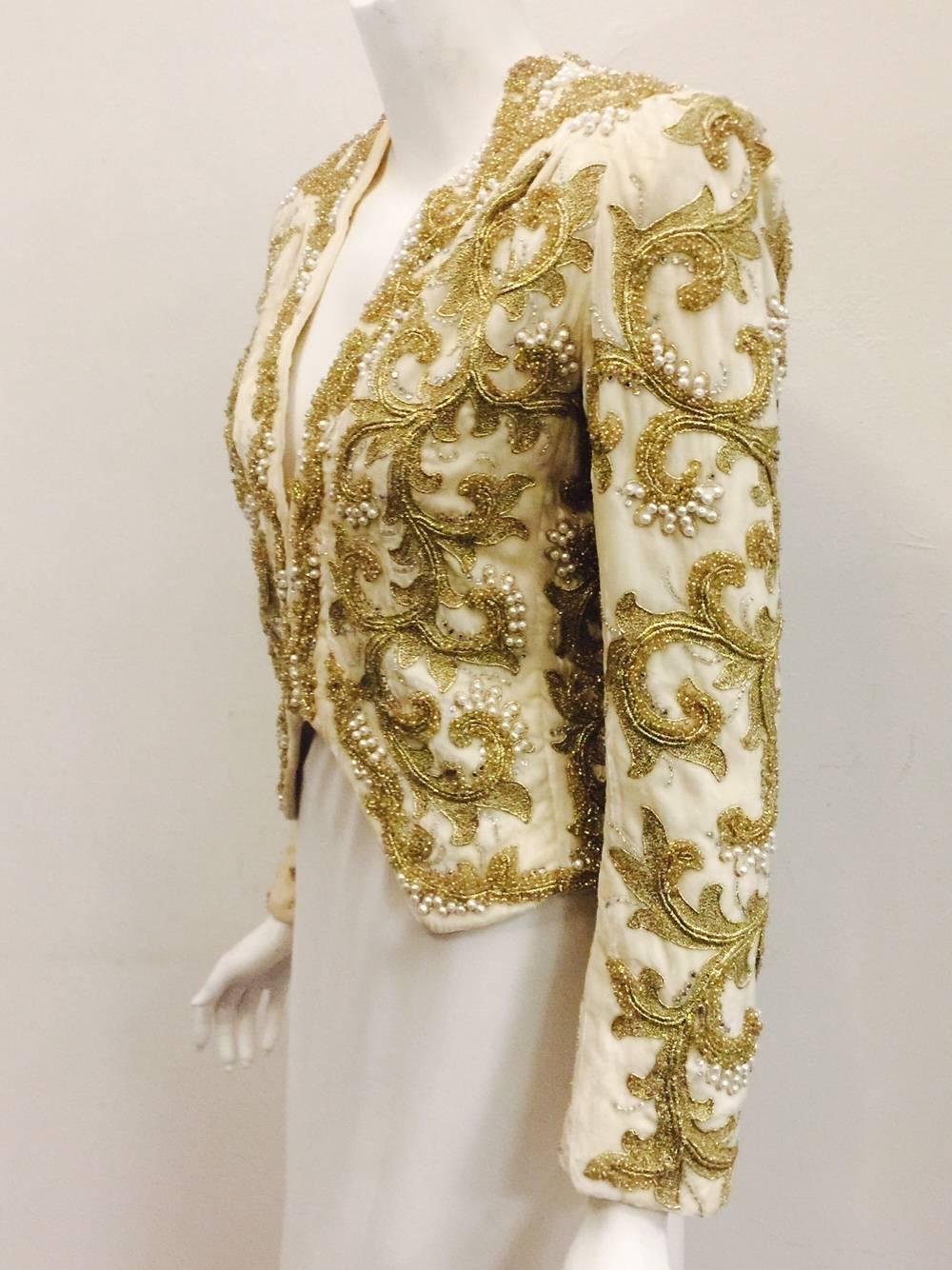 Women's Amazing Adolfo Ivory Velvet Jacket With Enthralling Gold Tone Bead Motifs For Sale