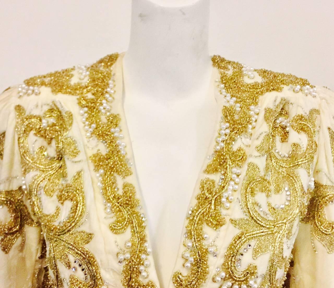 Brown Amazing Adolfo Ivory Velvet Jacket With Enthralling Gold Tone Bead Motifs For Sale
