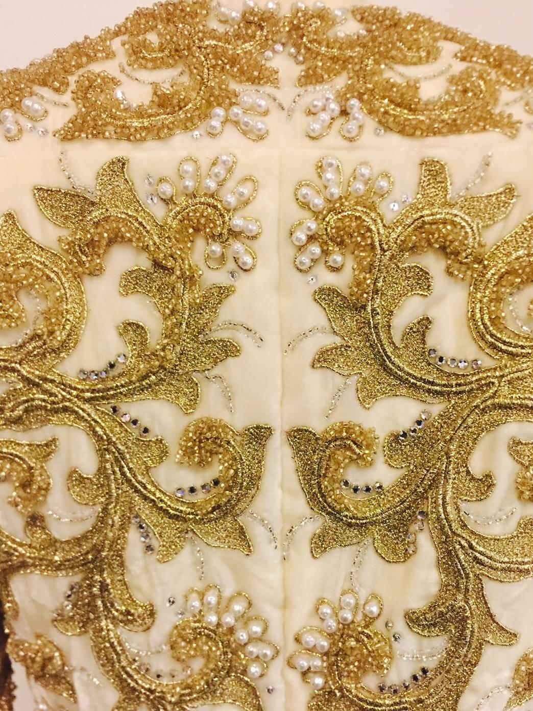 Amazing Adolfo Ivory Velvet Jacket With Enthralling Gold Tone Bead Motifs For Sale 1