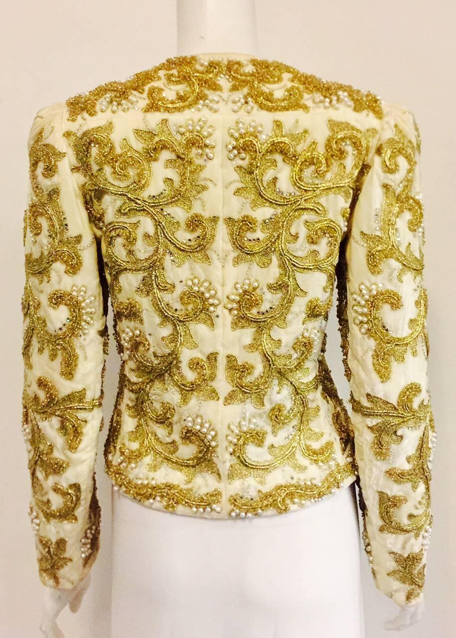 Amazing Adolfo Ivory Velvet Jacket With Enthralling Gold Tone Bead Motifs In Excellent Condition For Sale In Palm Beach, FL