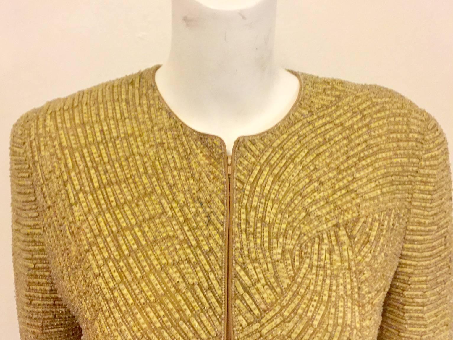 Magnificent Mary McFadden Couture Vintage Beige/Mustard Beaded Jacket In Excellent Condition For Sale In Palm Beach, FL