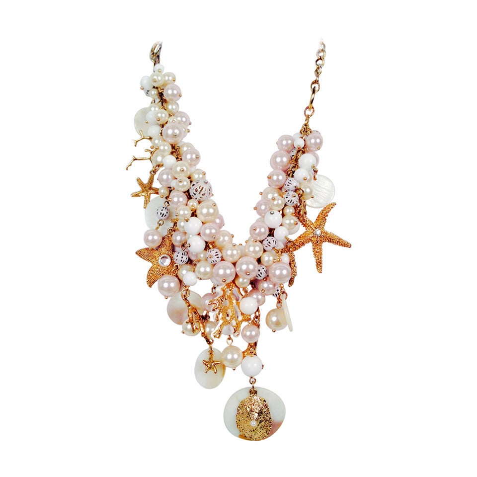 Sequin Adjustable Faux Pearl and Sea Shell Necklace For Sale