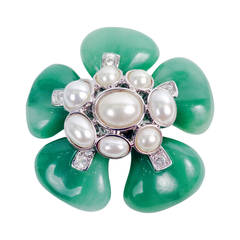 Kenneth Jay Lane Faux Jade and Pearl Brooch With Crystals