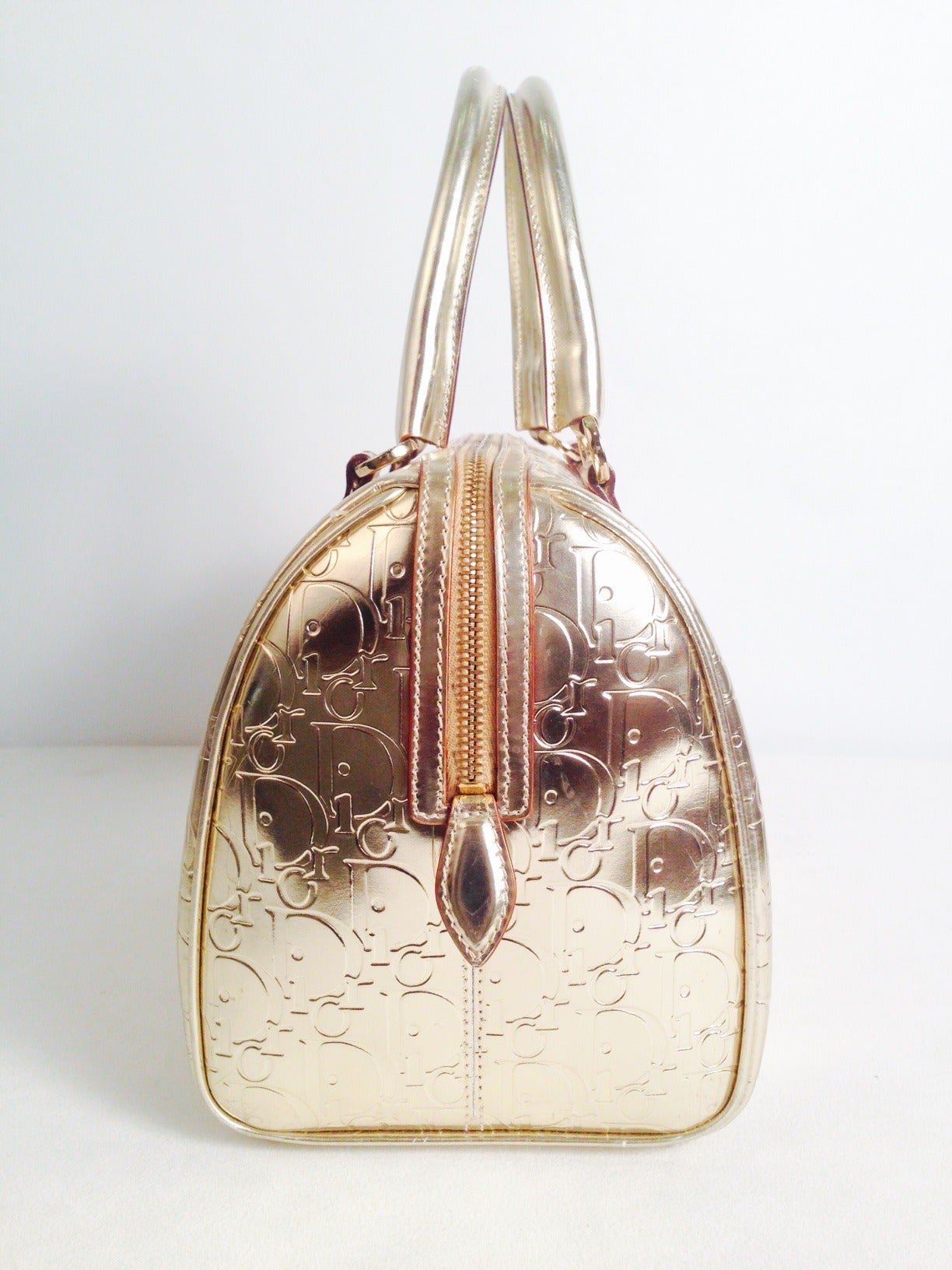 Christian Dior Gold Metallic Embossed Leather Bag In Good Condition For Sale In Palm Beach, FL
