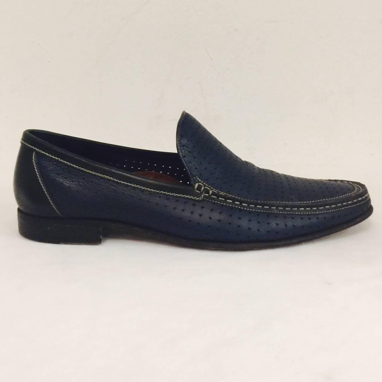 Men's A. Testoni Perforated Leather and hand stitch loafers in Navy Sz 10 1/2 2