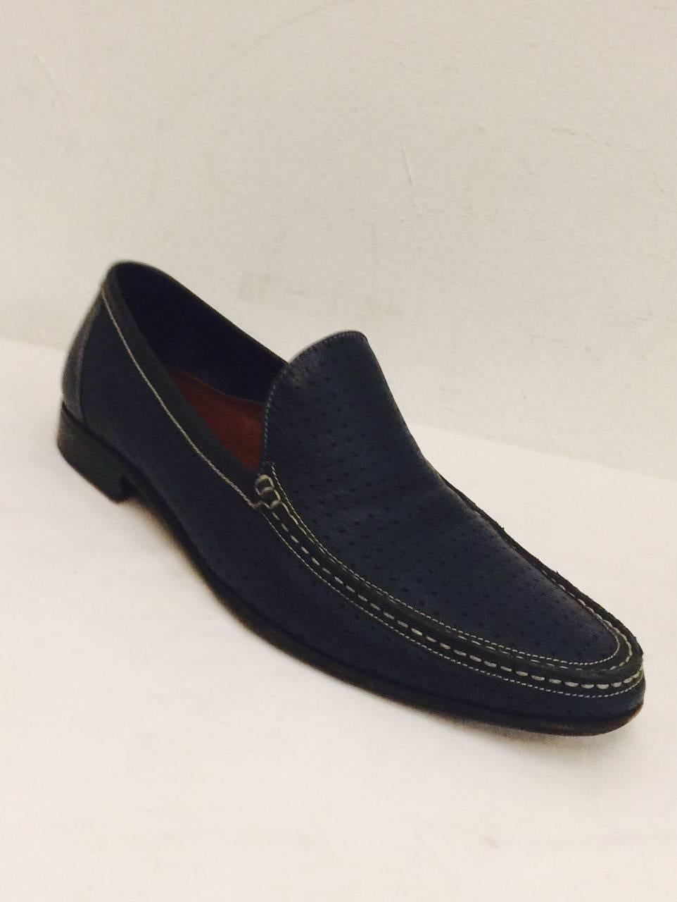 Black Men's A. Testoni Perforated Leather and hand stitch loafers in Navy Sz 10 1/2