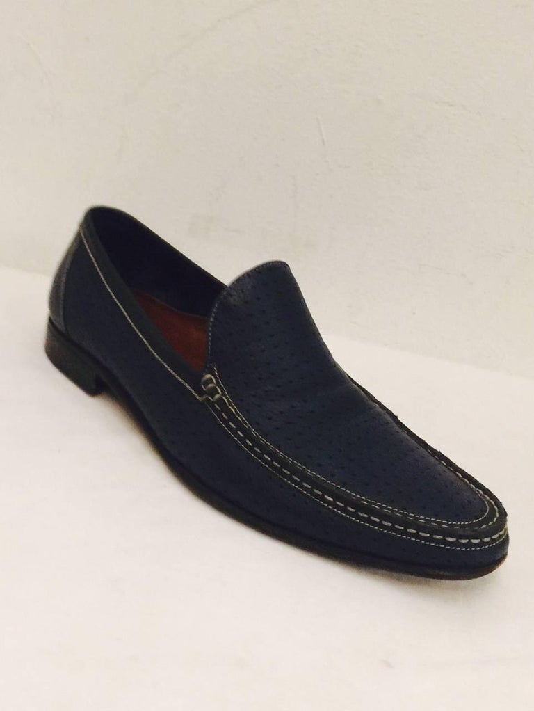 Men's A. Testoni Perforated Leather and hand stitch loafers in Navy Sz ...