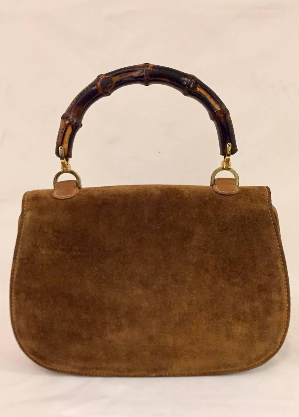 Brown Glamorous Gucci Carob Suede Bamboo Handle Handbag