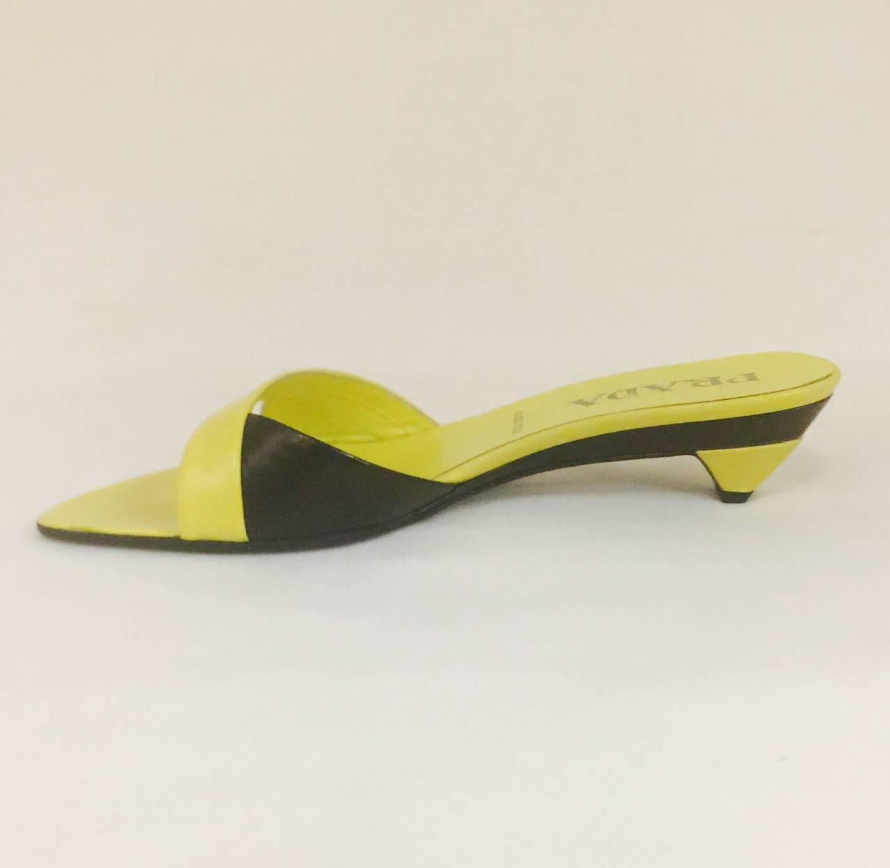 Prada Chartreuse Yellow Color Blocked Slide Sandals With Architectural Heels In Good Condition In Palm Beach, FL