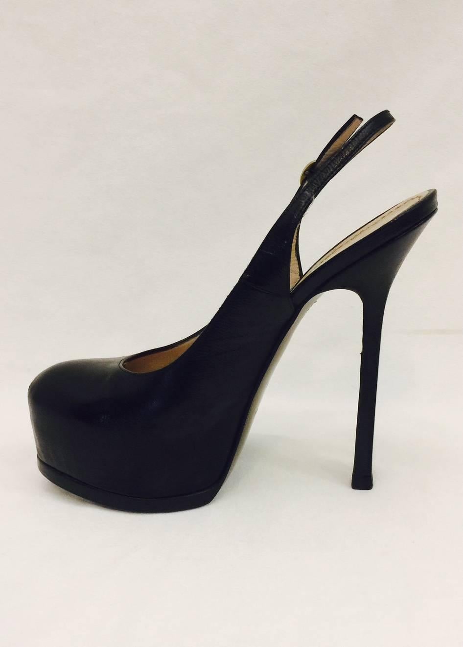 Women's Yves St. Laurent Black Smooth Leather High Heel Covered Platform Sling Backs For Sale