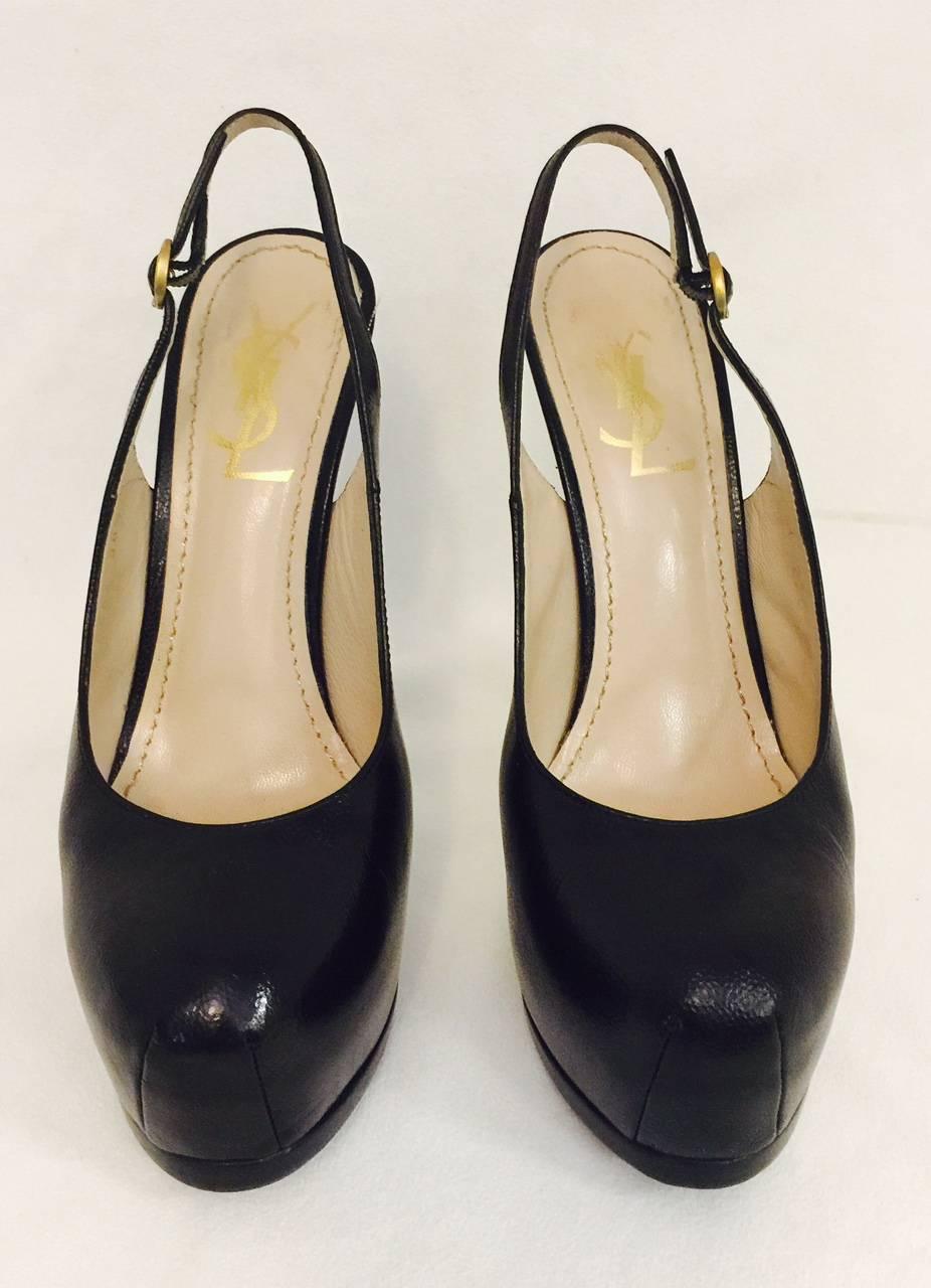 Yves St. Laurent Black Smooth Leather High Heel Covered Platform Sling Backs In Excellent Condition For Sale In Palm Beach, FL