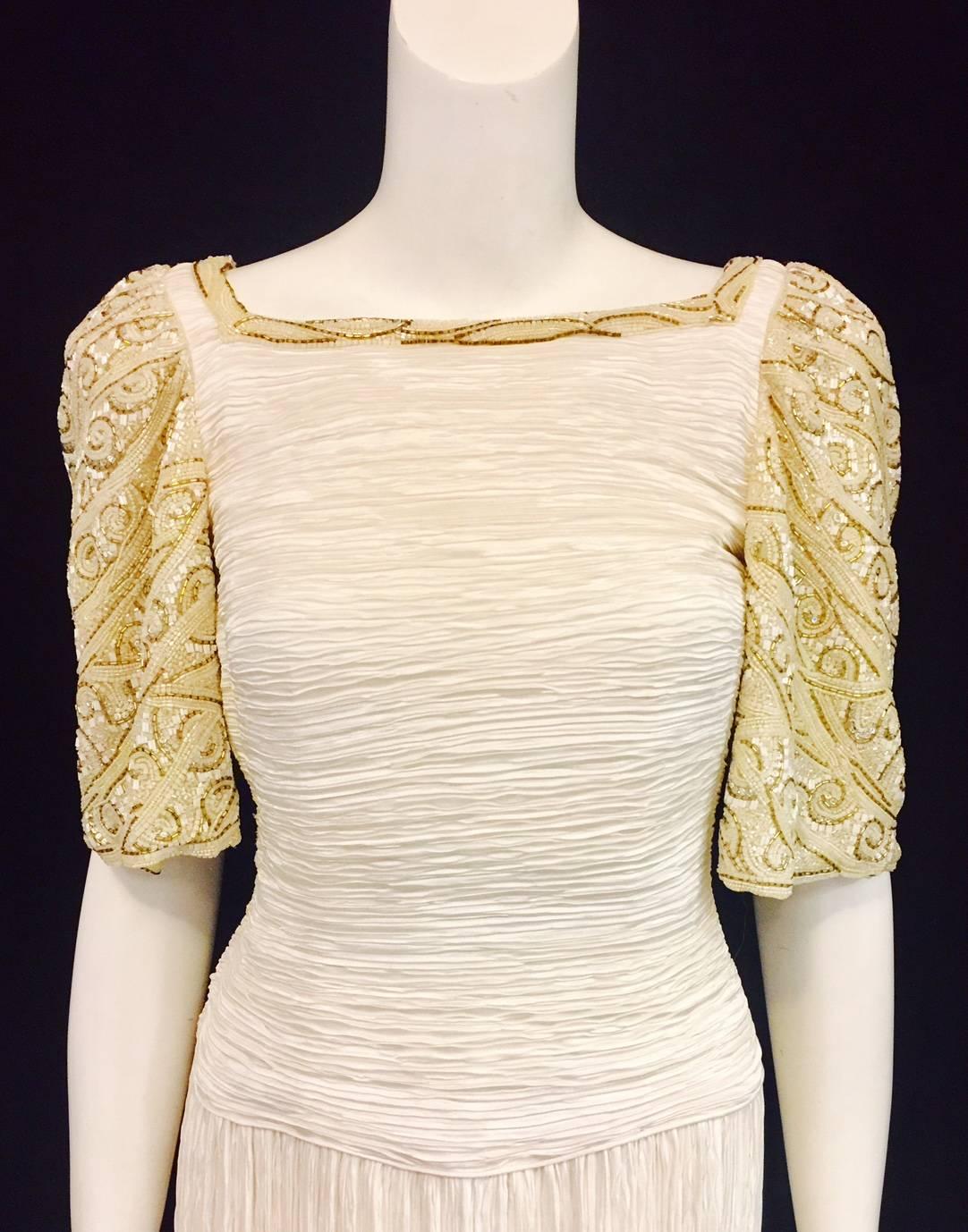 Beige Magnificent Mary McFadden Ivory Gown W Embroidered Sleeves and Neckline For Sale