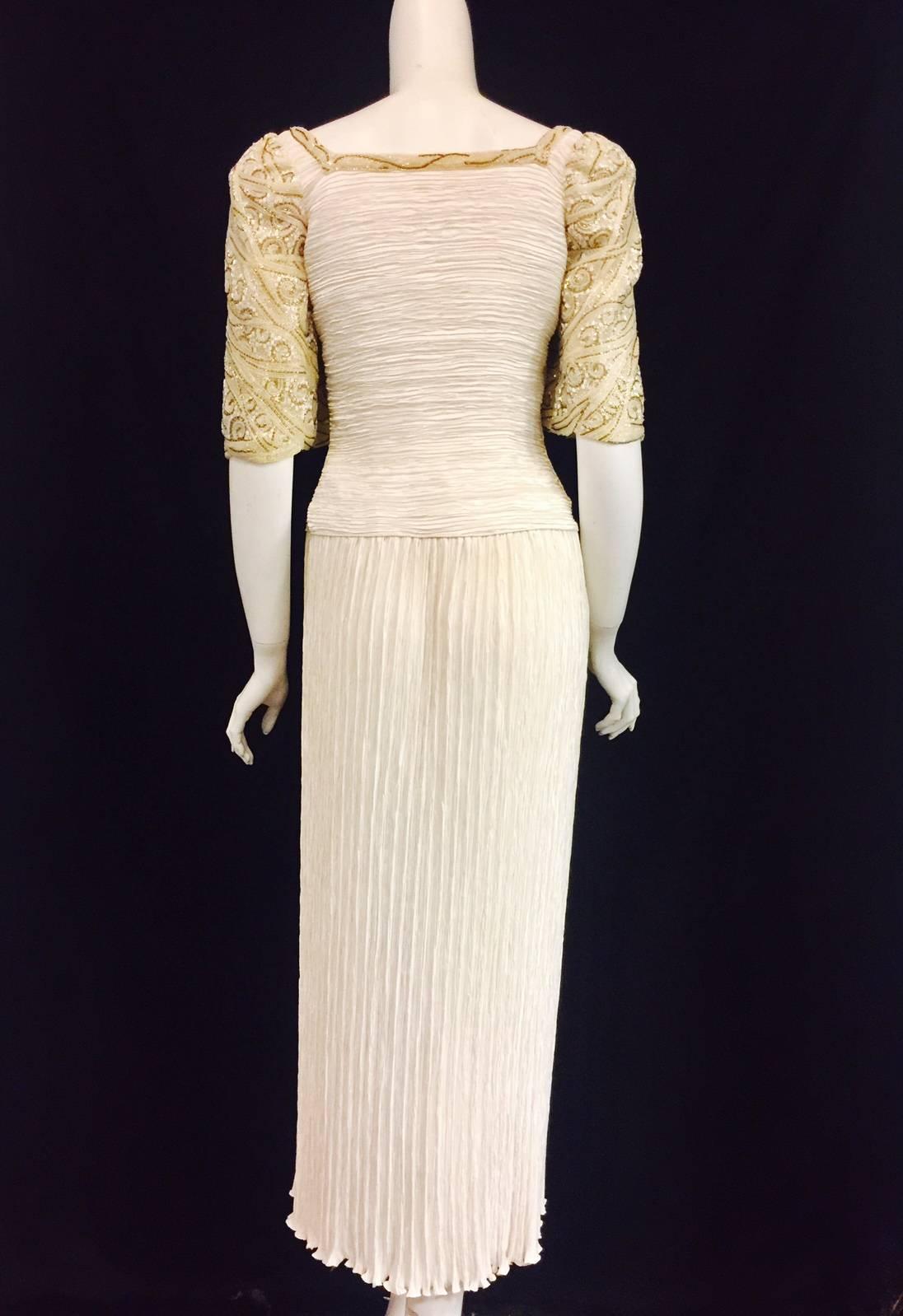 Women's Magnificent Mary McFadden Ivory Gown W Embroidered Sleeves and Neckline For Sale