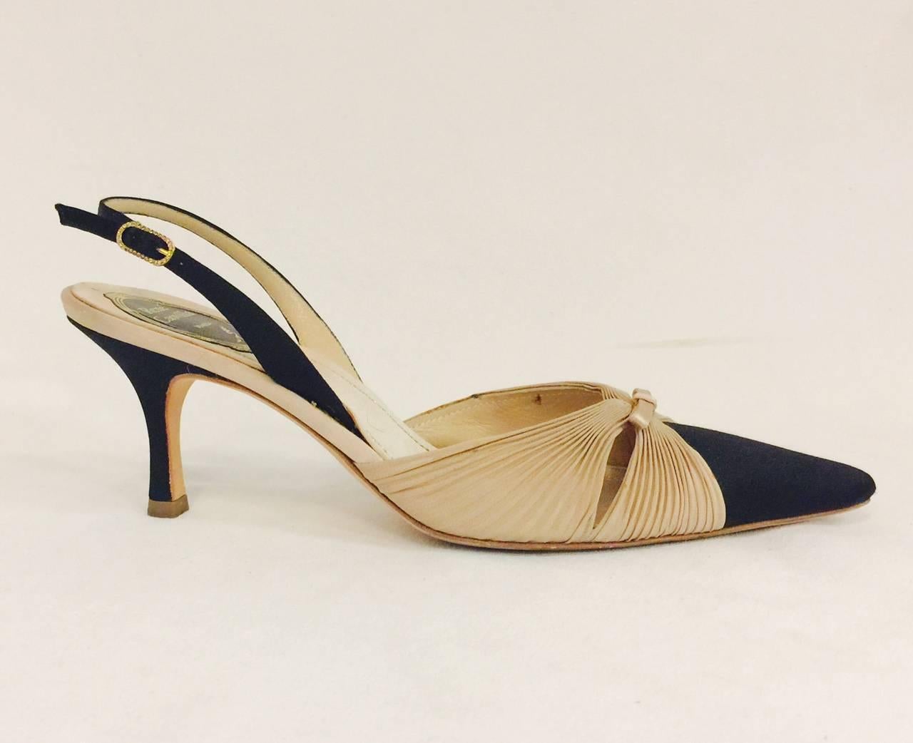 Recognizable Rene Caovilla's Beige Black Two Tone Satin Bow Pointed Toe Sling Back  with 3