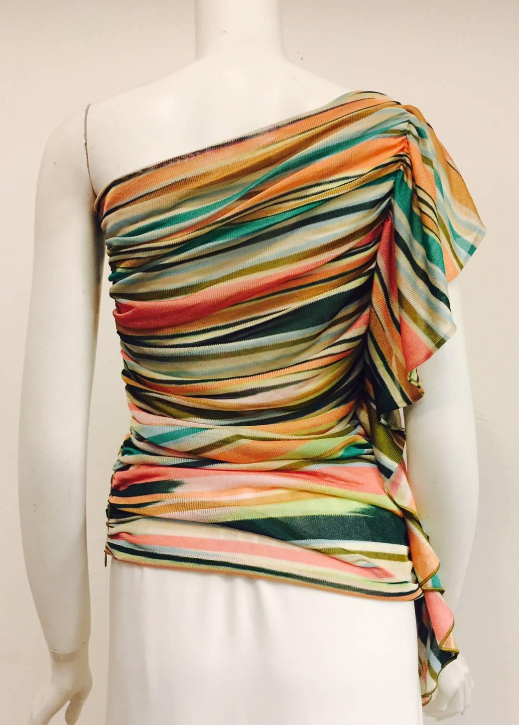 Brown Marvelous Missoni One Shoulder Multicolor Striped Sexy Top 