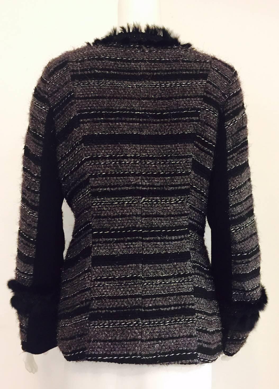 Neiman Marcus Black & Grey Boucle Jacket with Metallic Threads Overall In New Condition For Sale In Palm Beach, FL