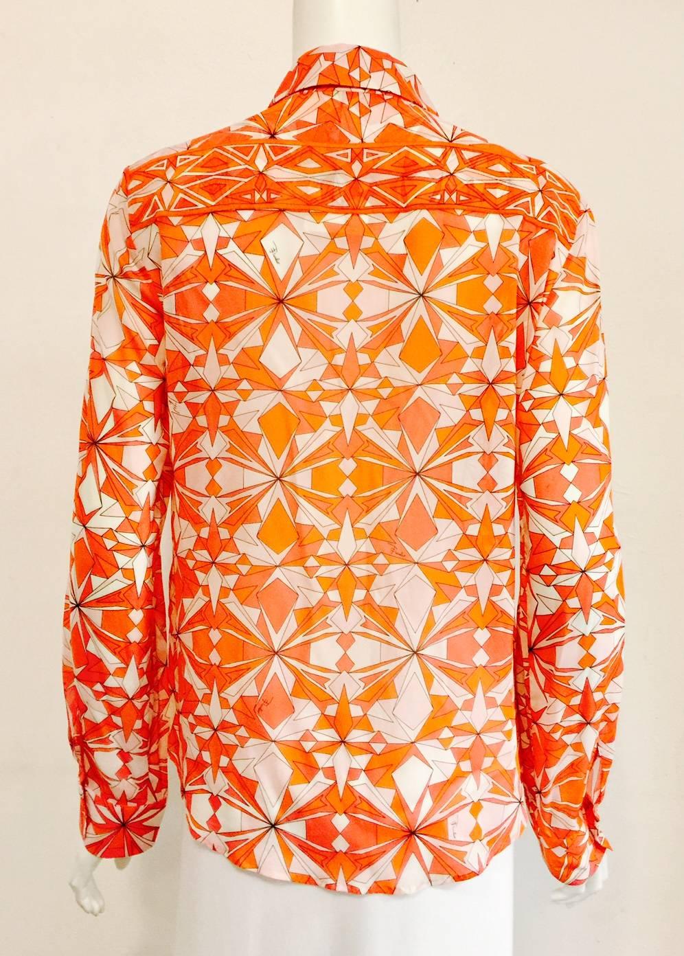 Orange Elegant Emilio Pucci Sheer Silk Abstract Print Blouse With Oversize Rhinestones 