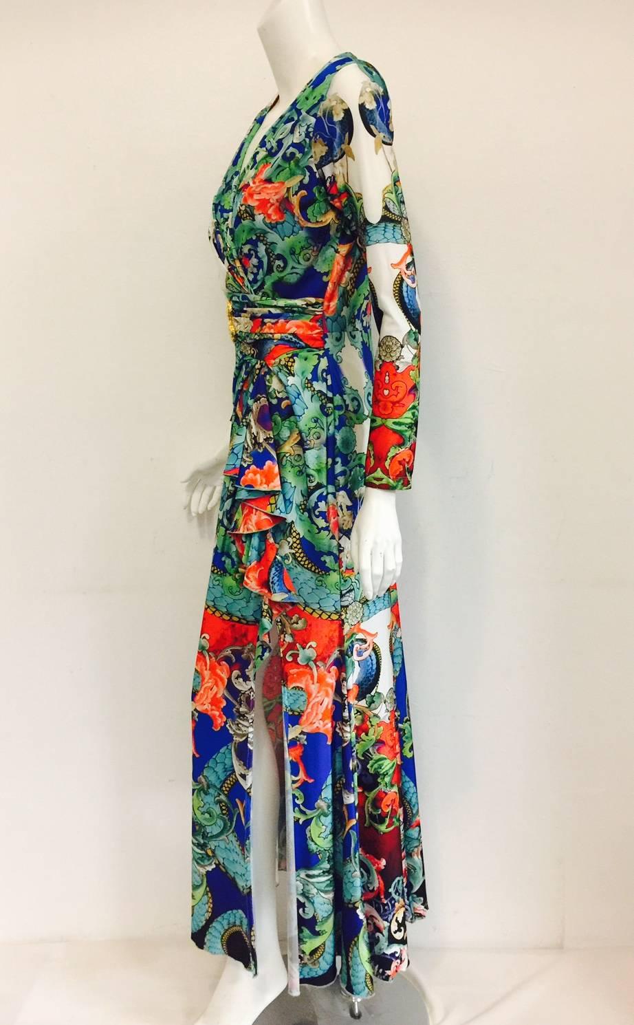 Remarkable Roberto Cavalli Multicolor Floral Print V Neck Long Dress In New Condition In Palm Beach, FL