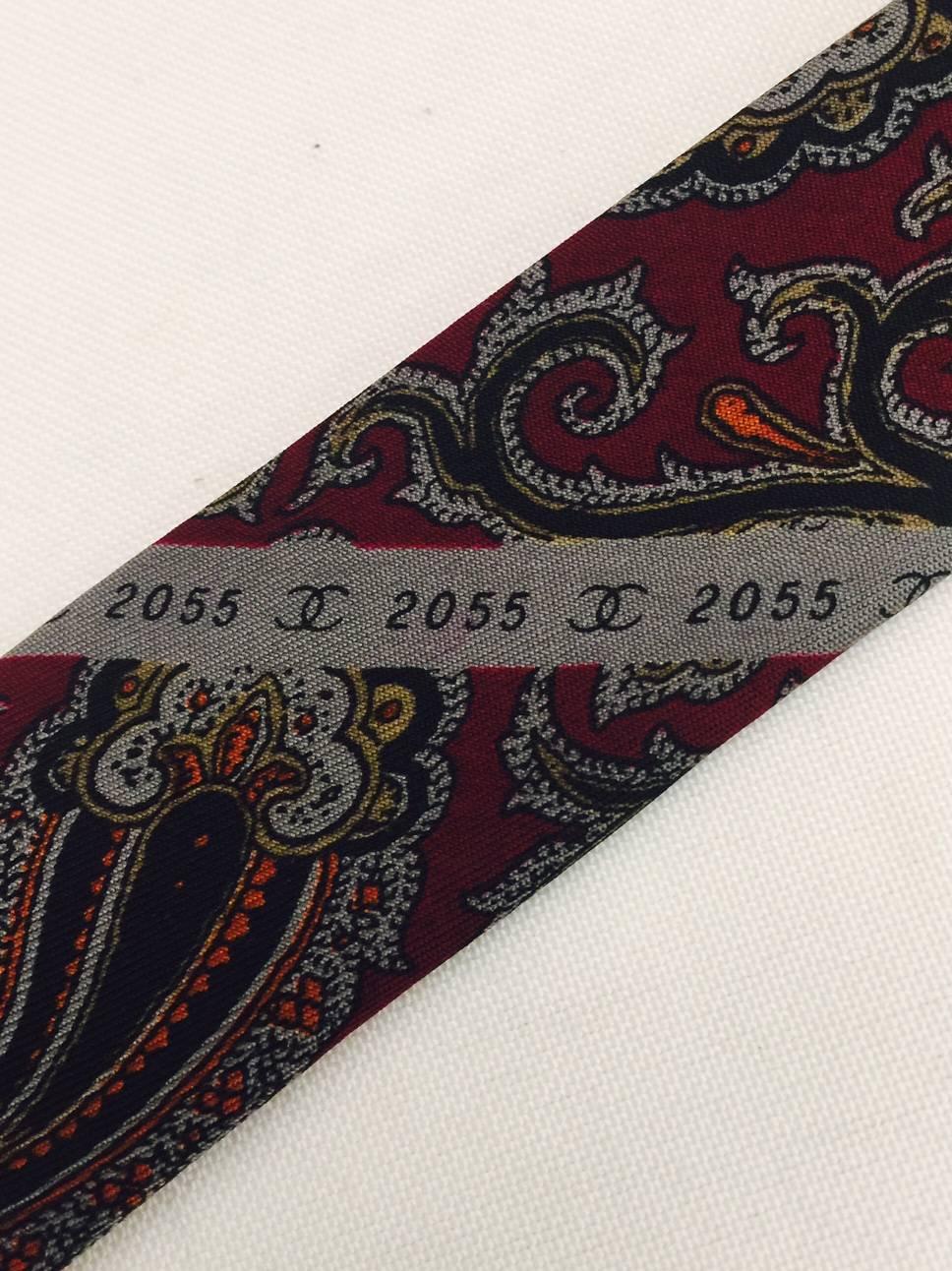 Black Clearly Chanel Multicolored Paisley Silk Tie on Burgundy Background