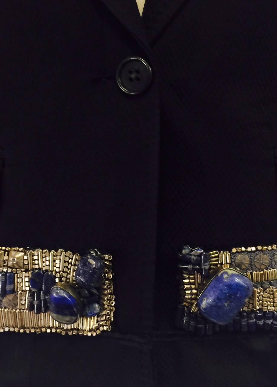 Dynamic Dries Van Noten's Black Jacket w. Applique Band in Silver & Blue Stone 2