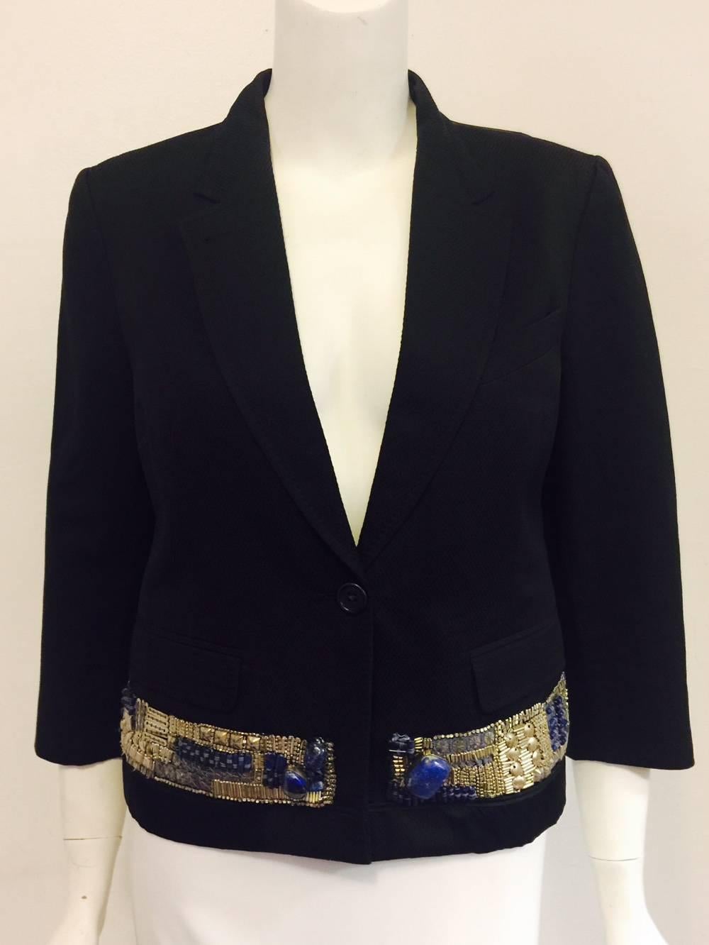 Dynamic Dries Van Noten's Black Jacket w. Applique Band in Silver & Blue Stone In Excellent Condition In Palm Beach, FL