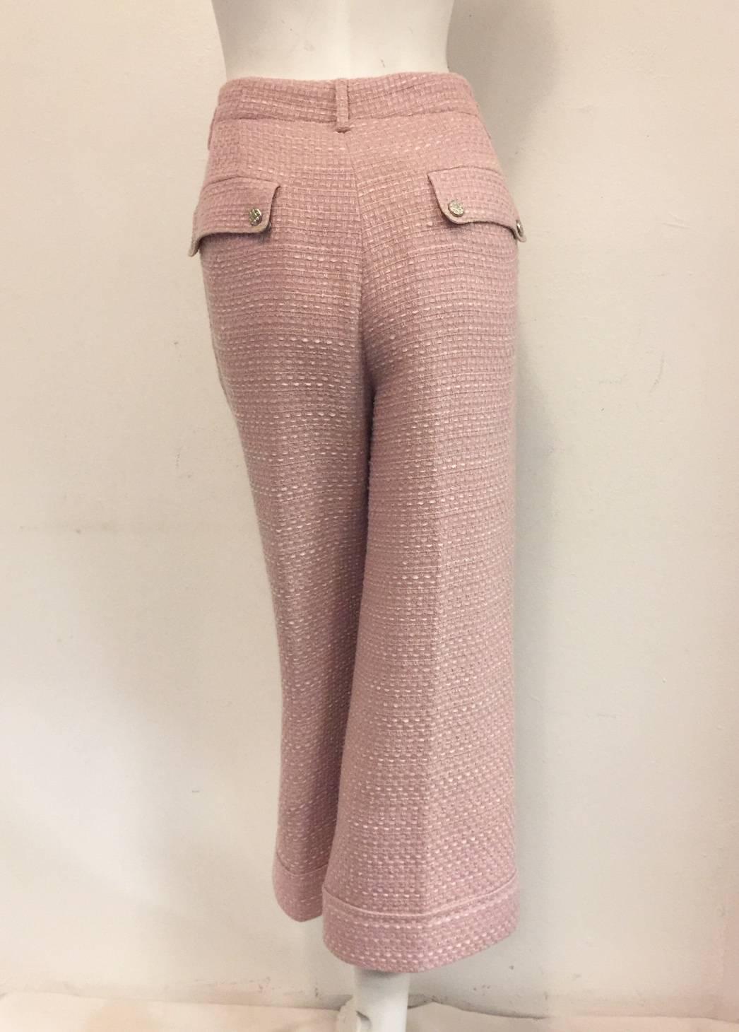 White Classic Chanel Pink and Ivory Cropped Wide Leg Open Weave Knit Pant