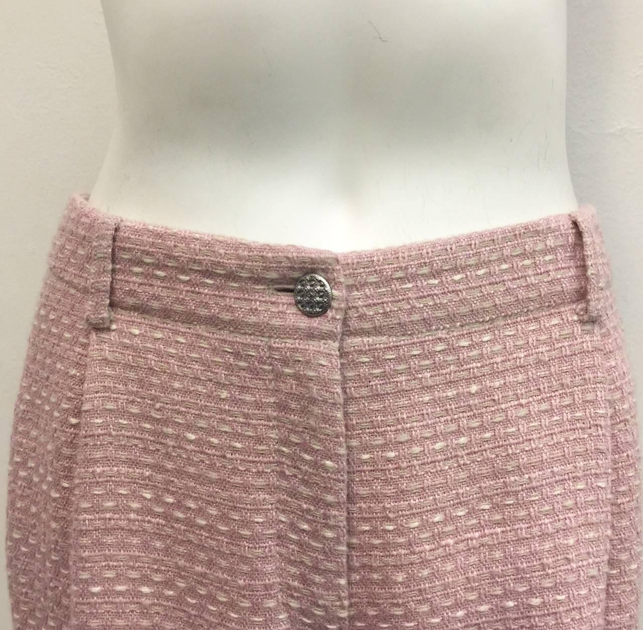 Women's Classic Chanel Pink and Ivory Cropped Wide Leg Open Weave Knit Pant