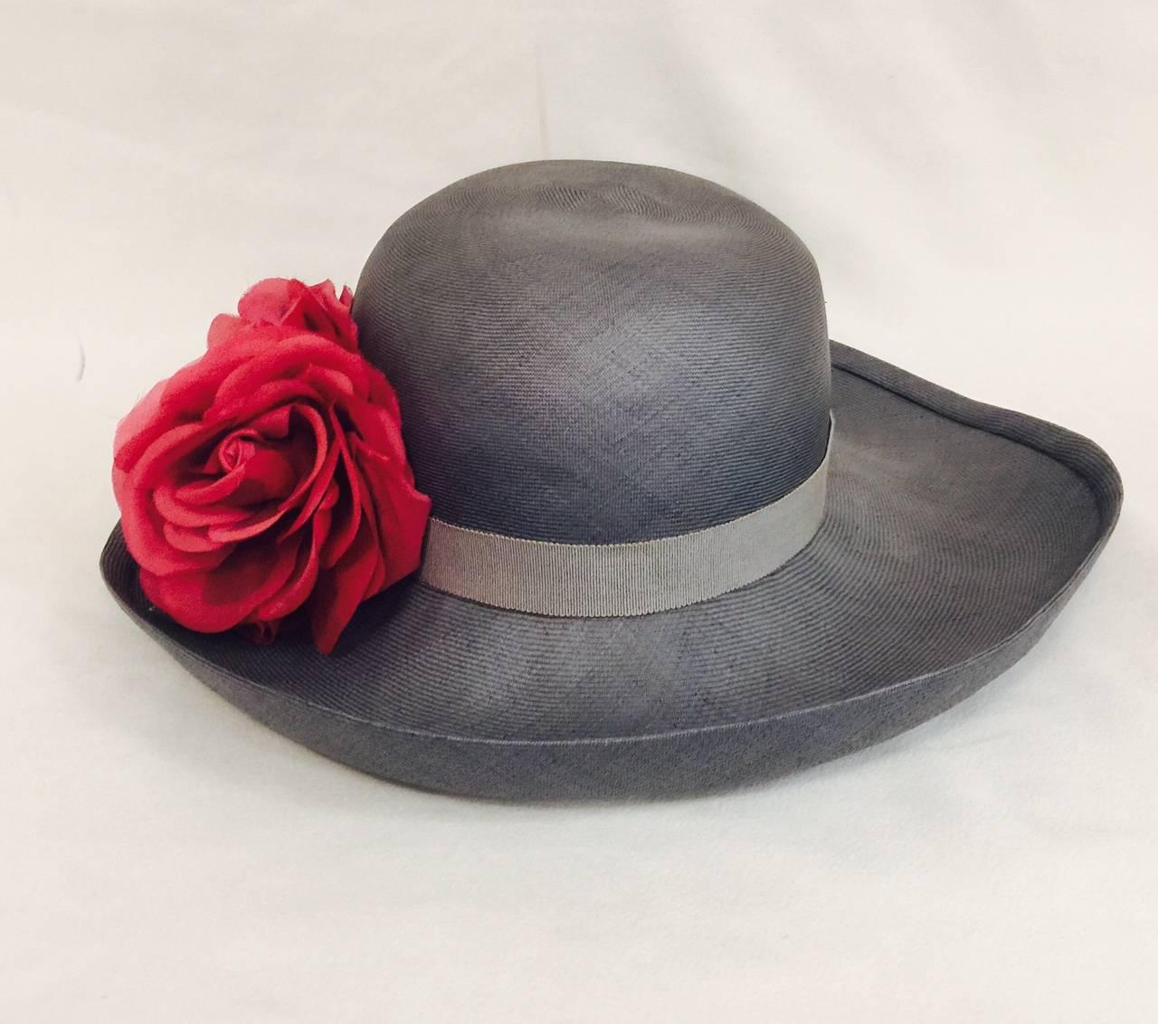 Tres Chic Chanel Light Blue Hat Accentuated With 3 Red Roses In Excellent Condition In Palm Beach, FL