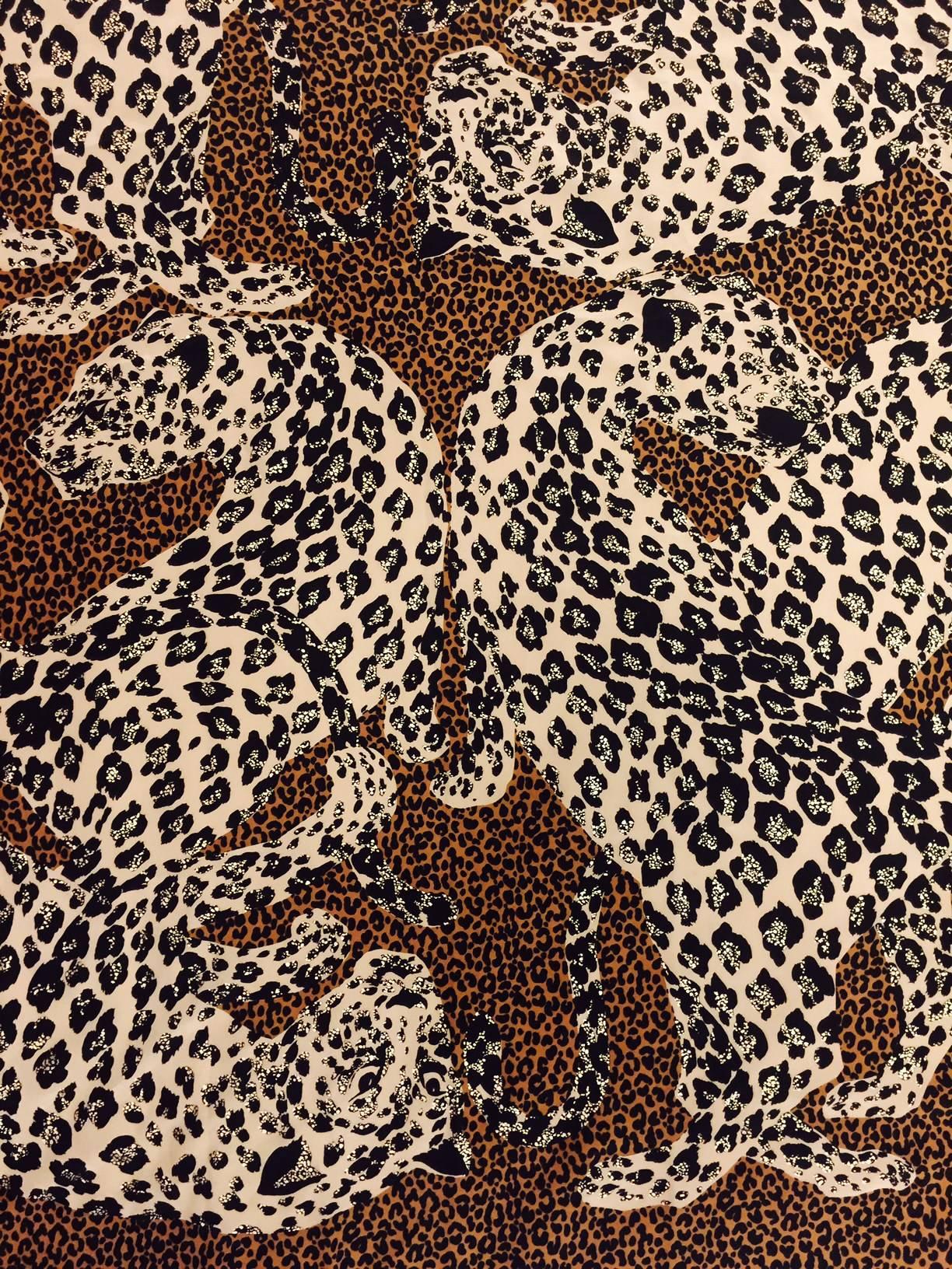 Women's Luxuious YSL 100% Silk Leopard Scarf in Brown, Beige & Black With Gold Flecks