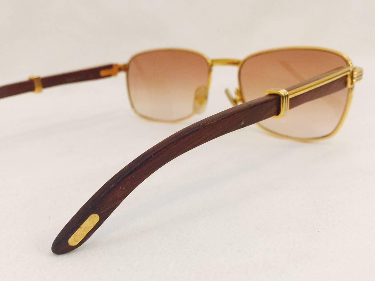  Coveted and Current Cartier Vintage Monceau Sunglasses 18K Gold & Wood For Sale 2