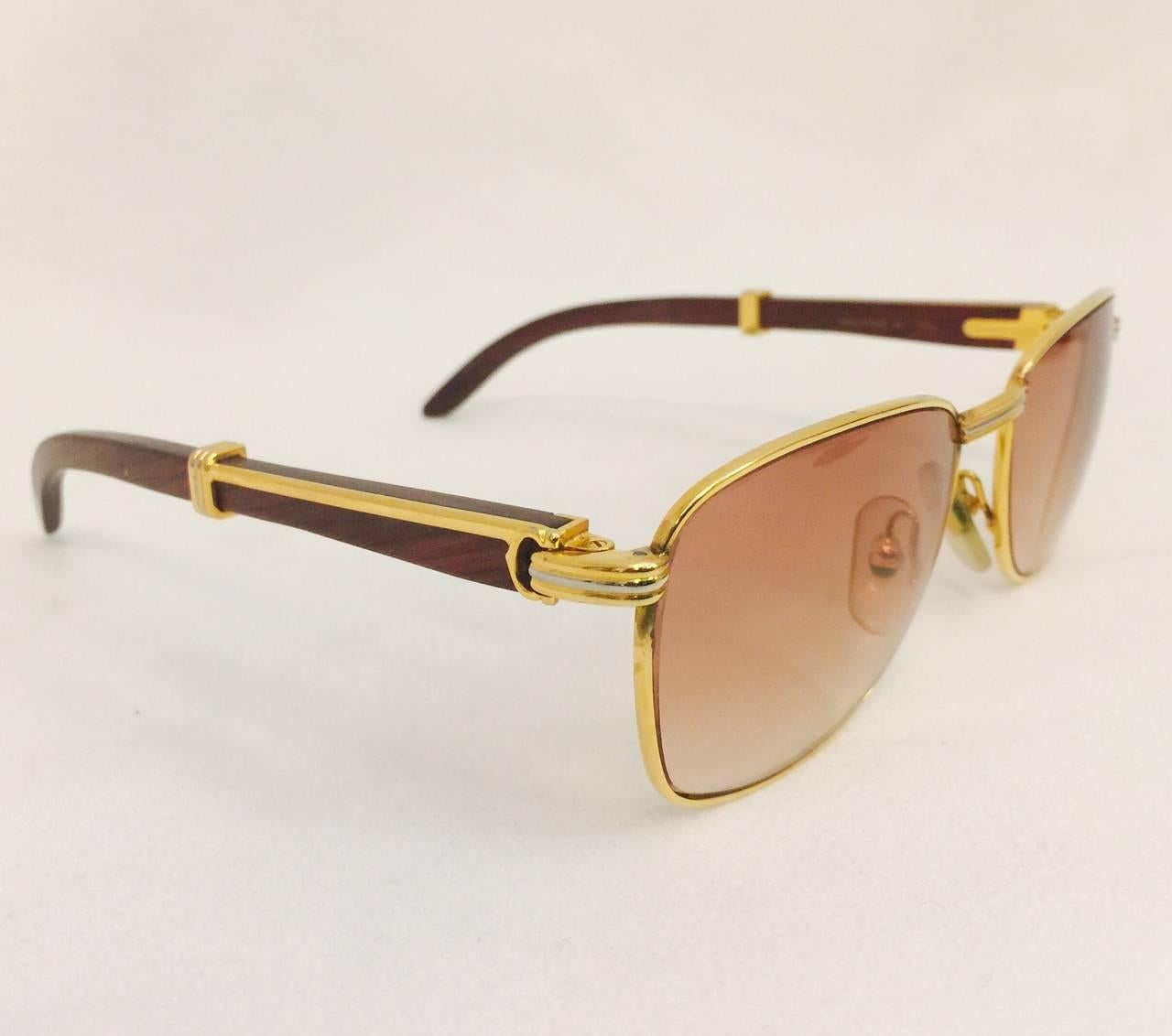  Coveted and Current Cartier Vintage Monceau Sunglasses 18K Gold & Wood In Excellent Condition For Sale In Palm Beach, FL