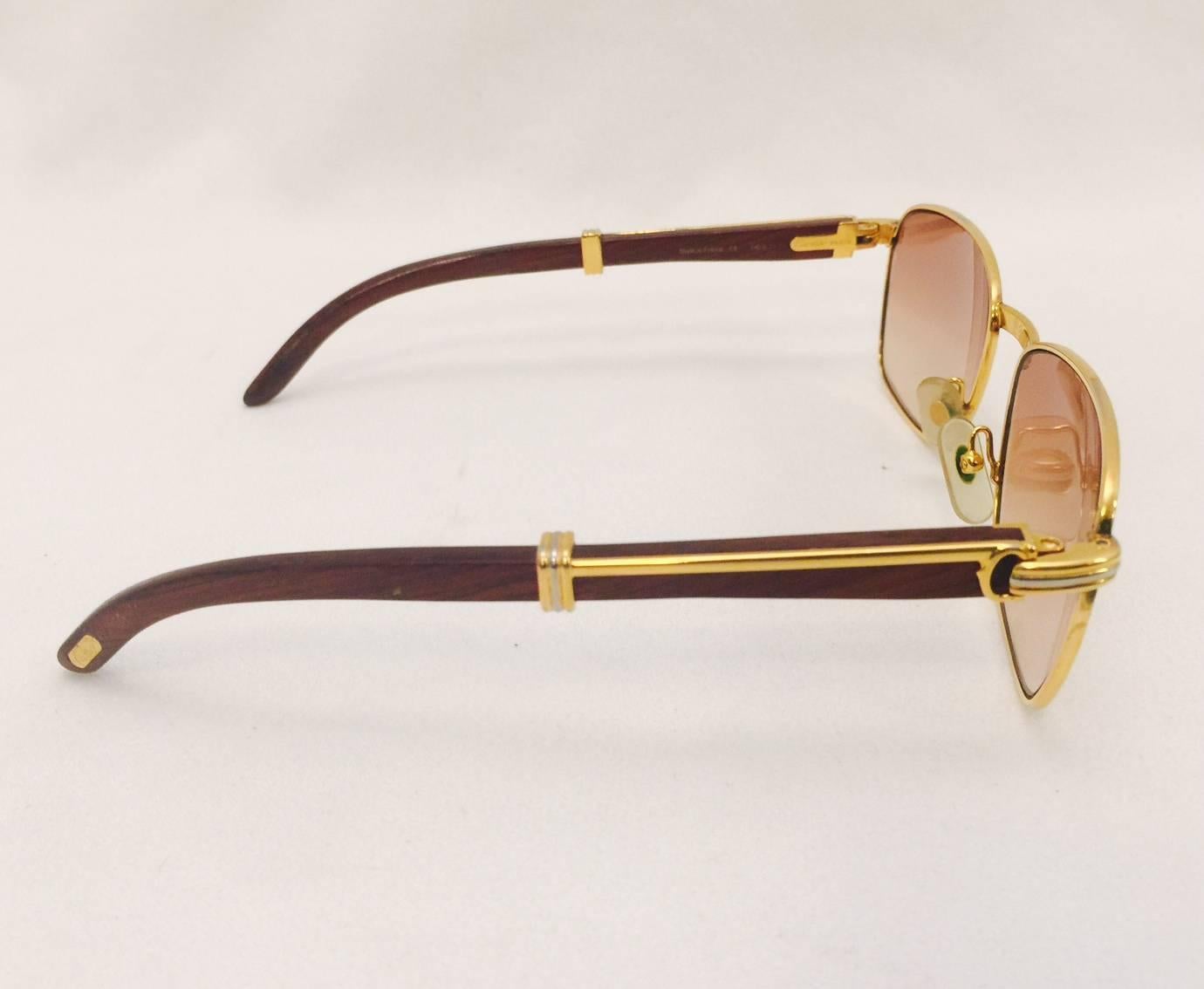 Women's or Men's  Coveted and Current Cartier Vintage Monceau Sunglasses 18K Gold & Wood For Sale