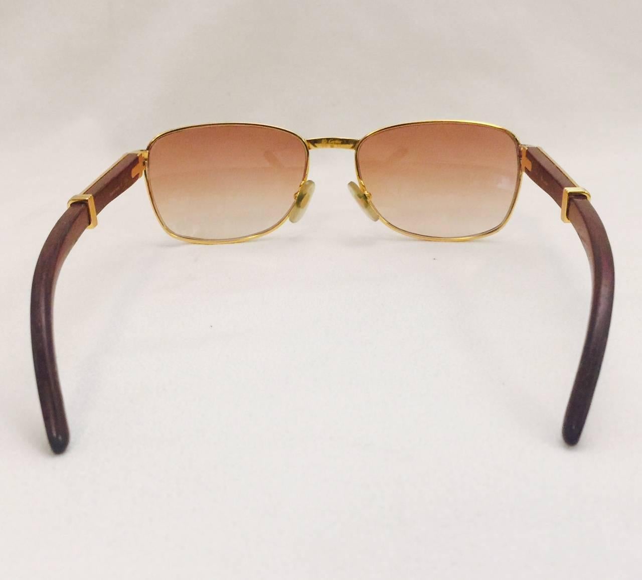  Coveted and Current Cartier Vintage Monceau Sunglasses 18K Gold & Wood For Sale 1