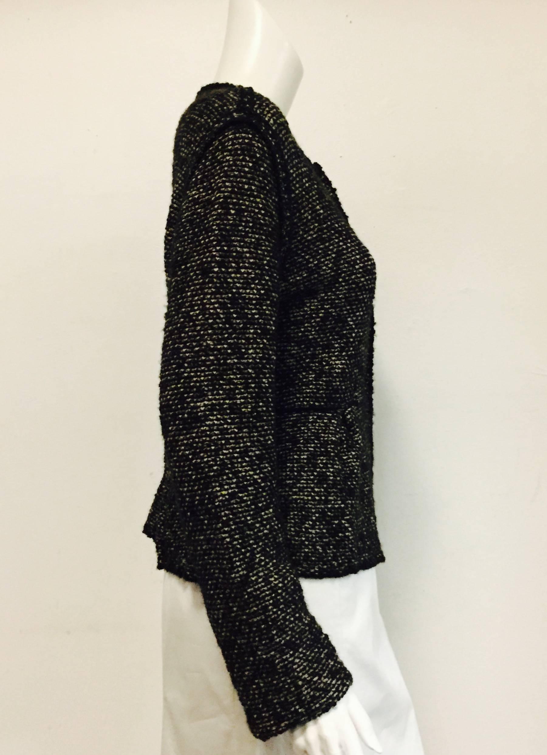 Very Valentino Wool Black & Grey Tweed Sweater Jacket With Black Trim In Excellent Condition For Sale In Palm Beach, FL
