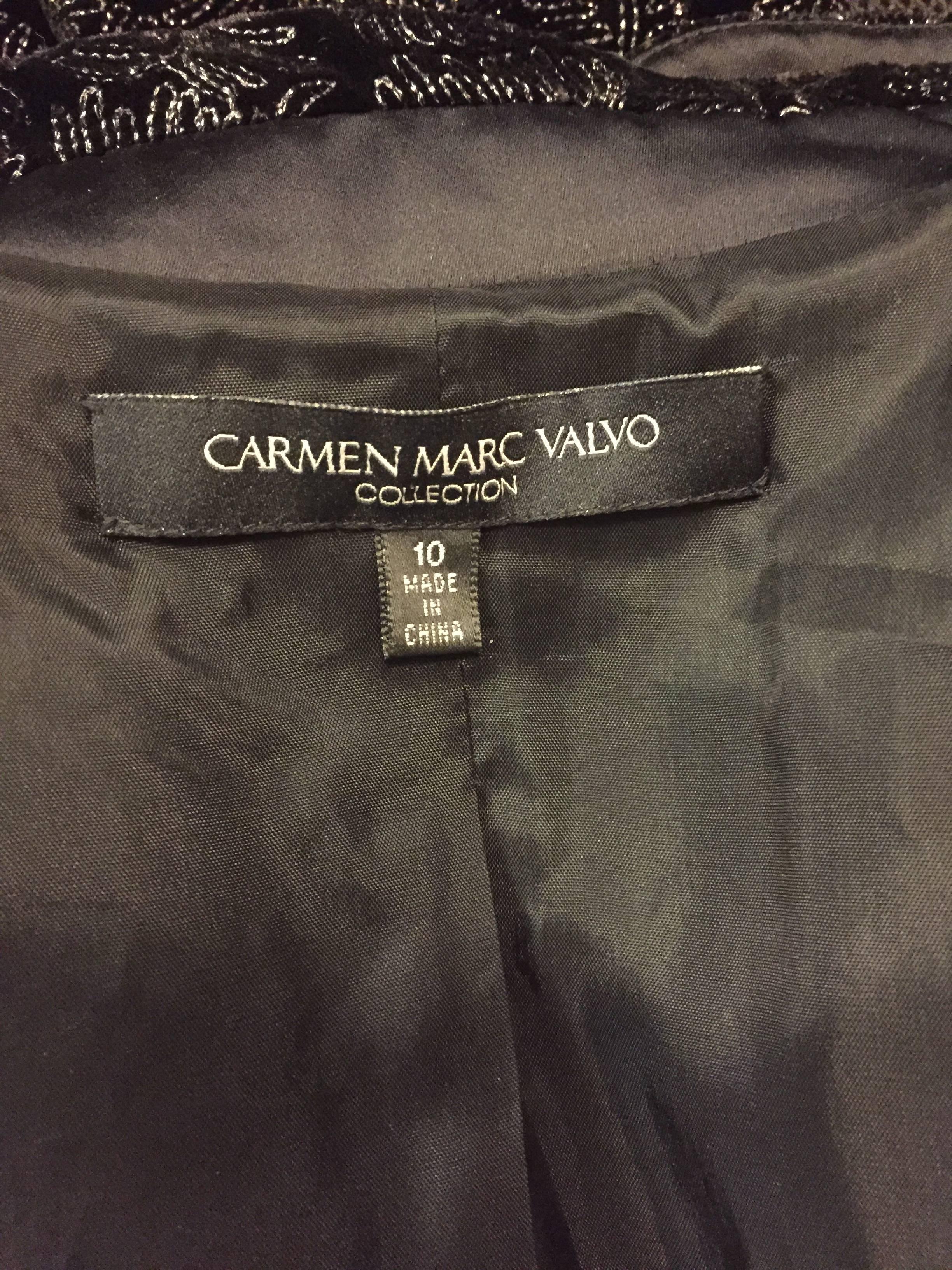 Quintessential Carmen Marc Valvo Black Velvet Jacket w/ Abstract Pattern For Sale 1
