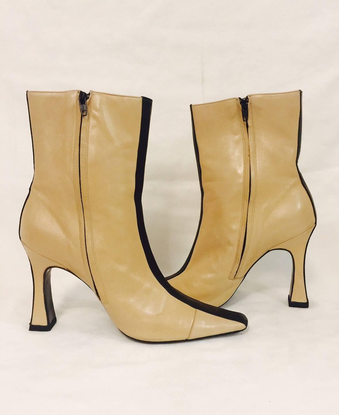 Beige Mod Chanel Black and Tan Ankle Boots With Sculpted Heels and Cap Toes For Sale