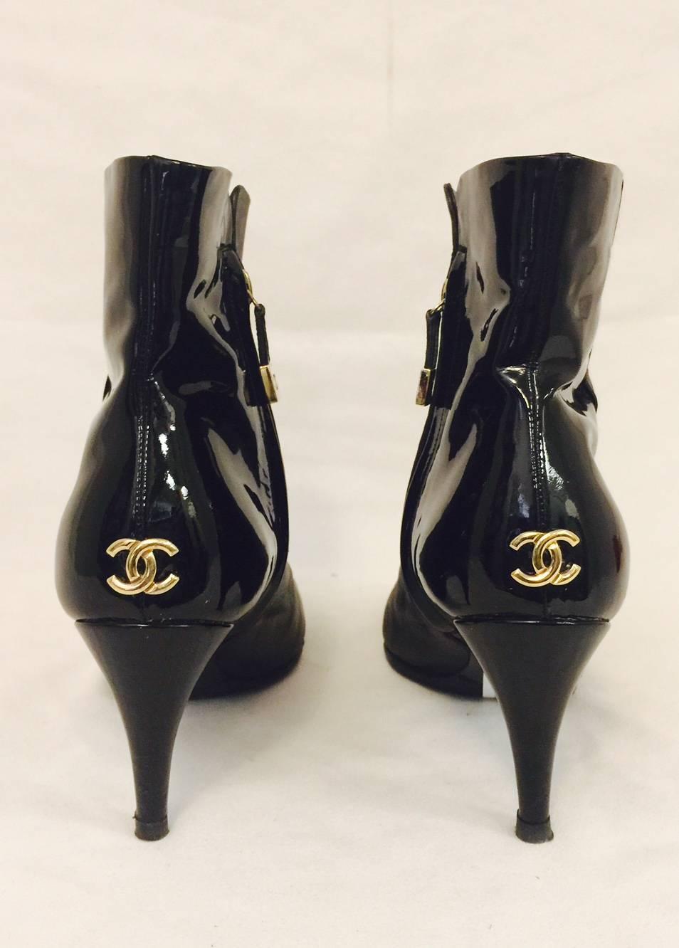 Women's Chanel Black Leather and Patent Ankle Boots With Cap Toes