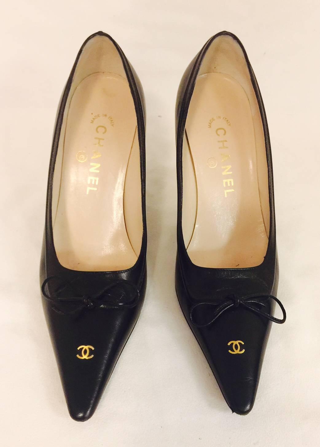 Classic Chanel Black Pointed Toe Pumps With Leather Ties at 1stDibs ...