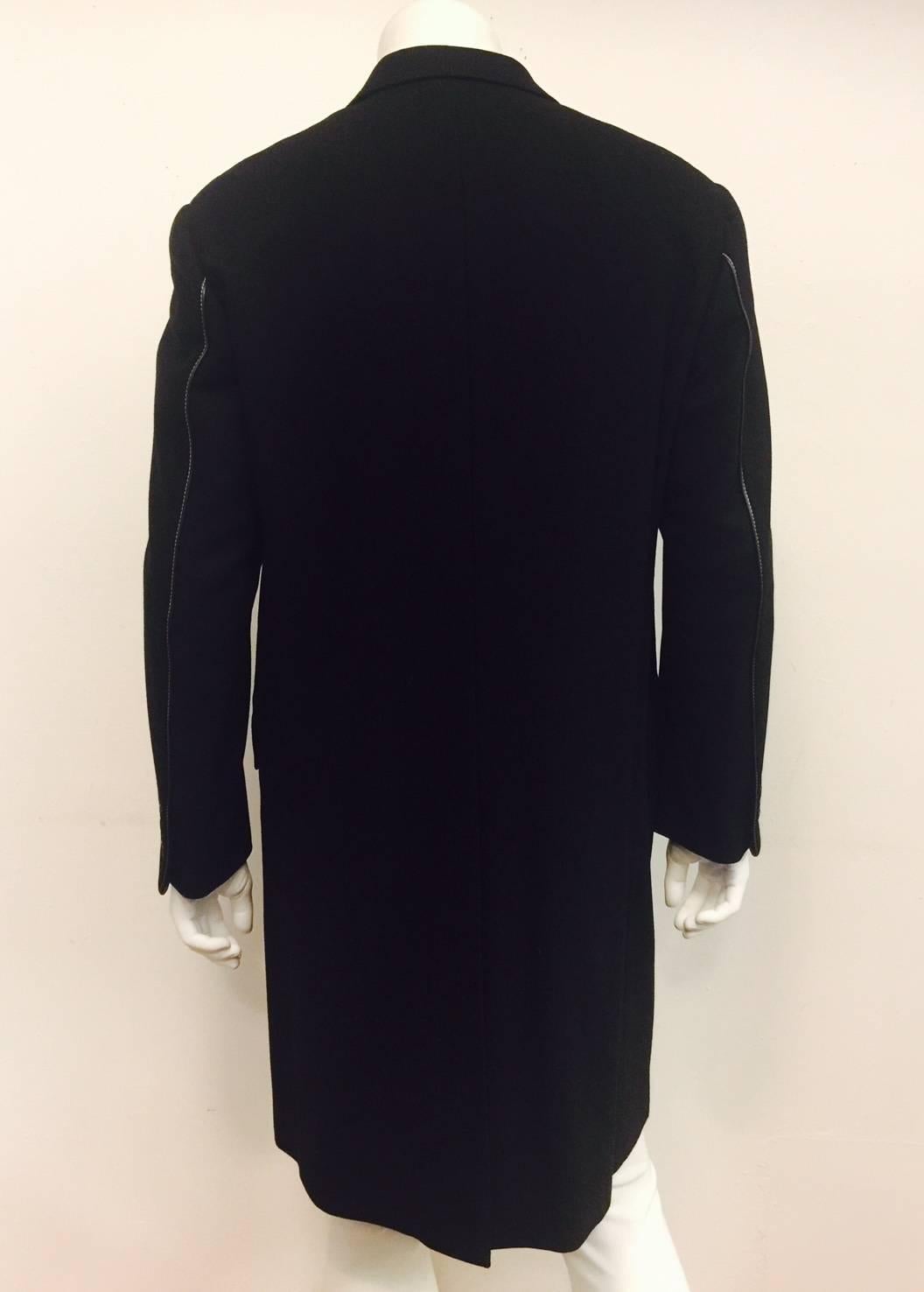 Women's or Men's Men's Handsome Hermes Wool and Leather Trim Topcoat in Black, Sz 42