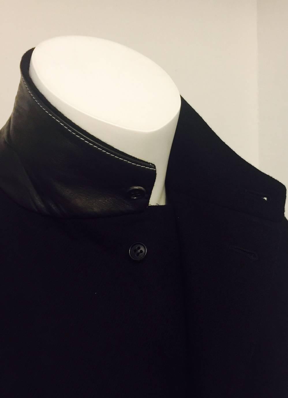 Men's Handsome Hermes Wool and Leather Trim Topcoat in Black, Sz 42
