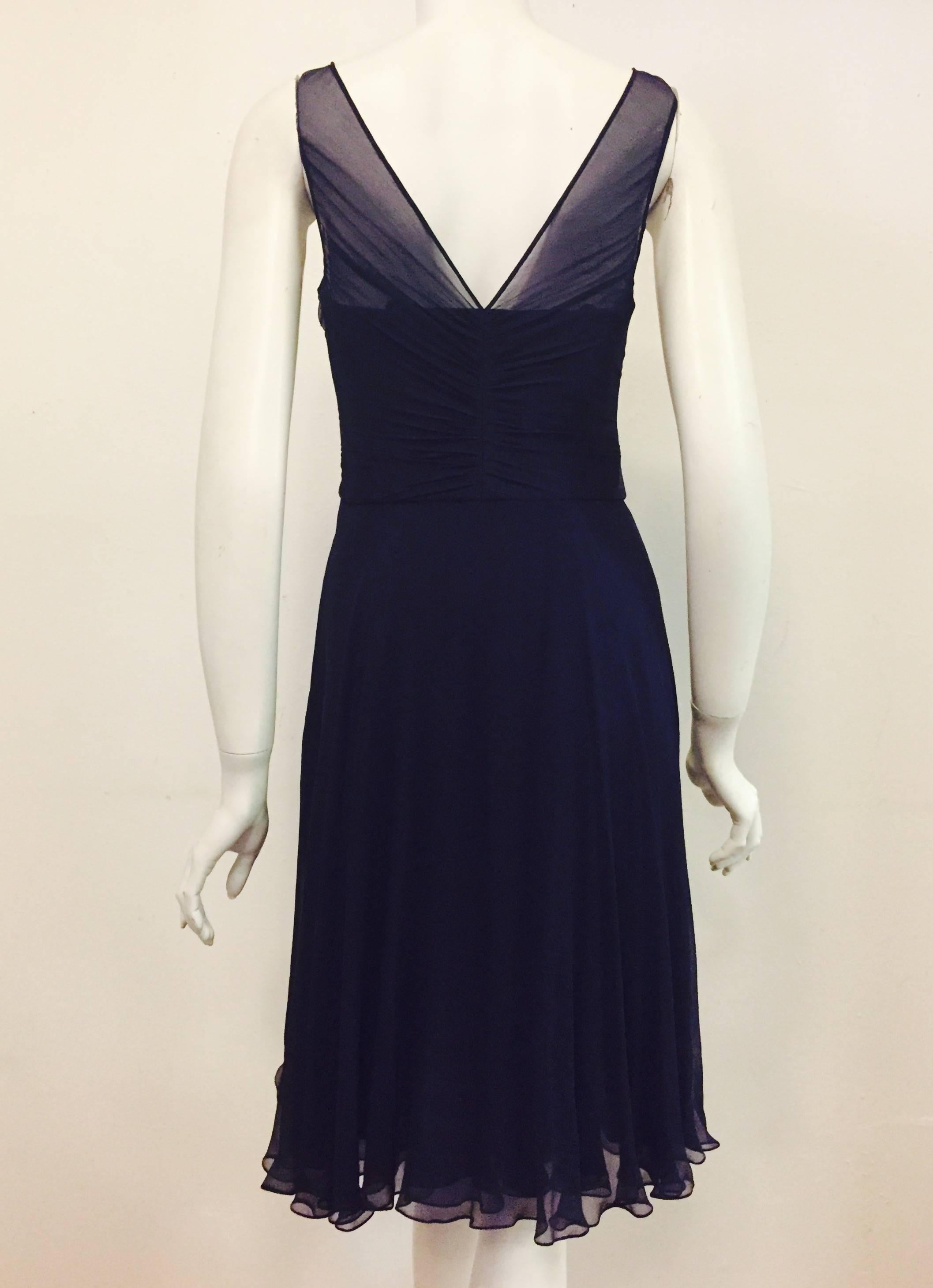 Black Romantic Ralph Lauren Elegant Navy Silk Evening Dress with Ruffle Skirt For Sale