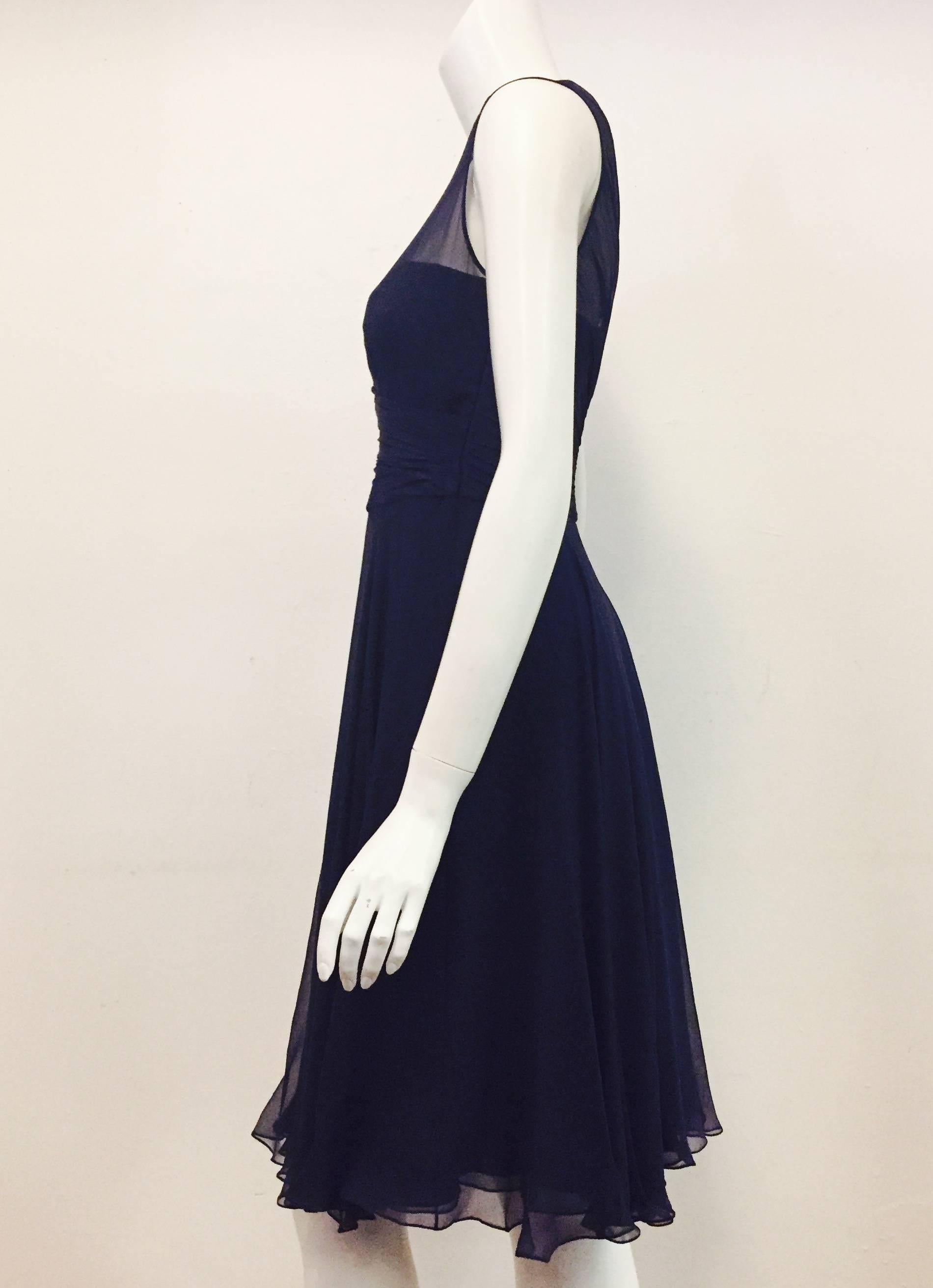 Romantic Ralph Lauren Elegant Navy Silk Evening Dress with Ruffle Skirt In Excellent Condition For Sale In Palm Beach, FL