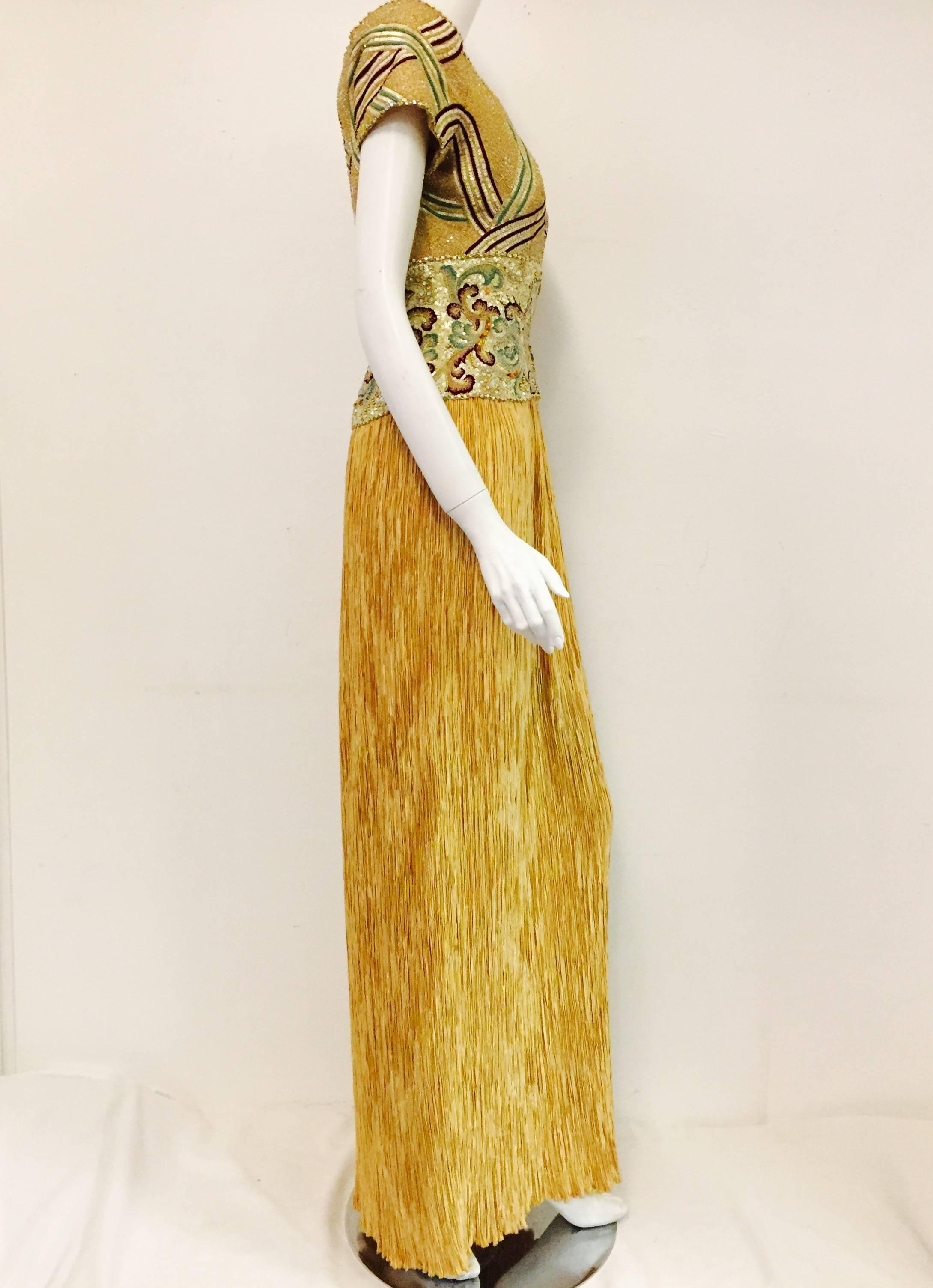 Brown Marvelous Mary McFadden Off Shoulder Gold Gown with Heavily Beaded Bodice