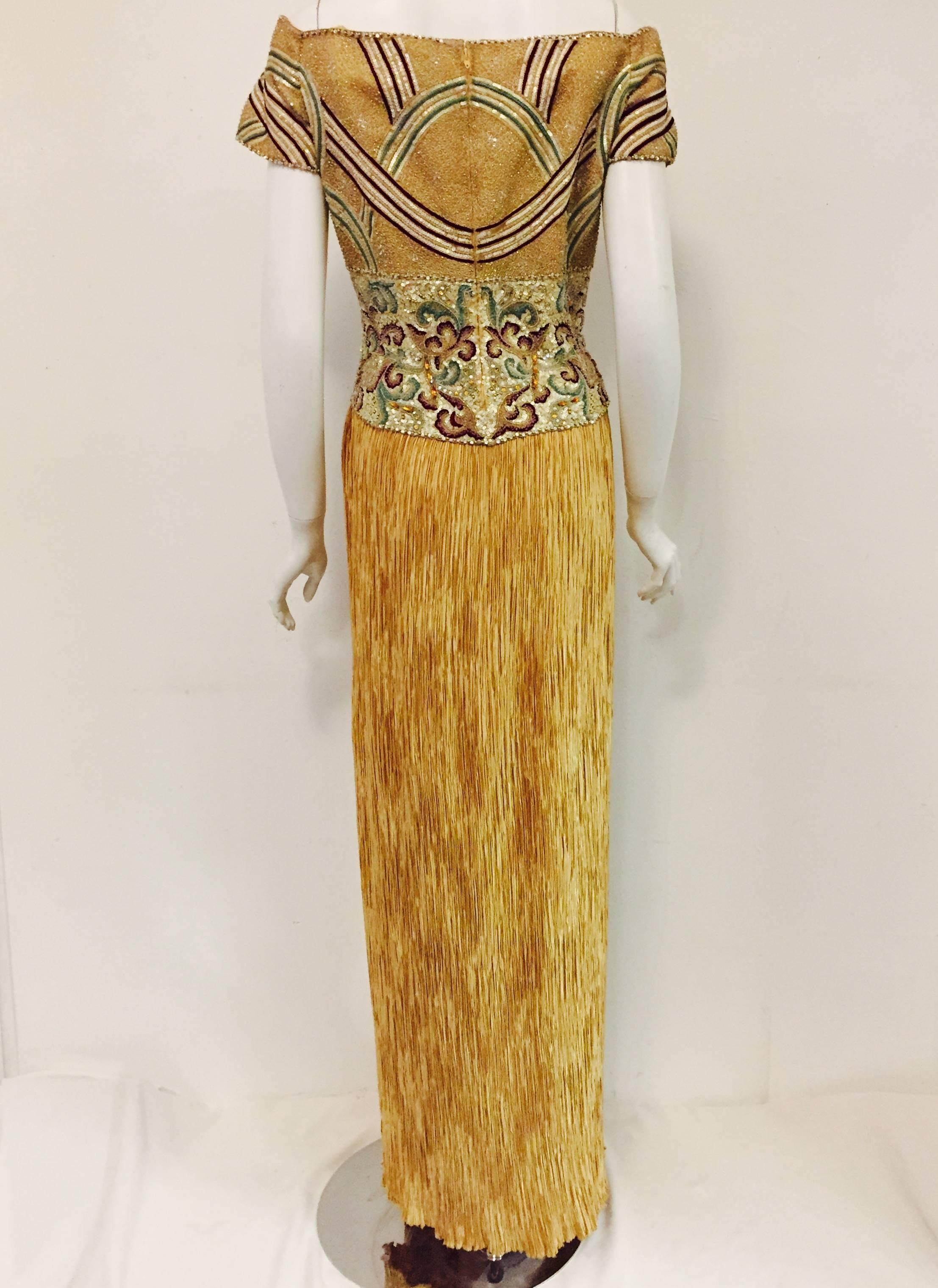 Marvelous Mary McFadden Off Shoulder Gold Gown with Heavily Beaded Bodice In Excellent Condition In Palm Beach, FL